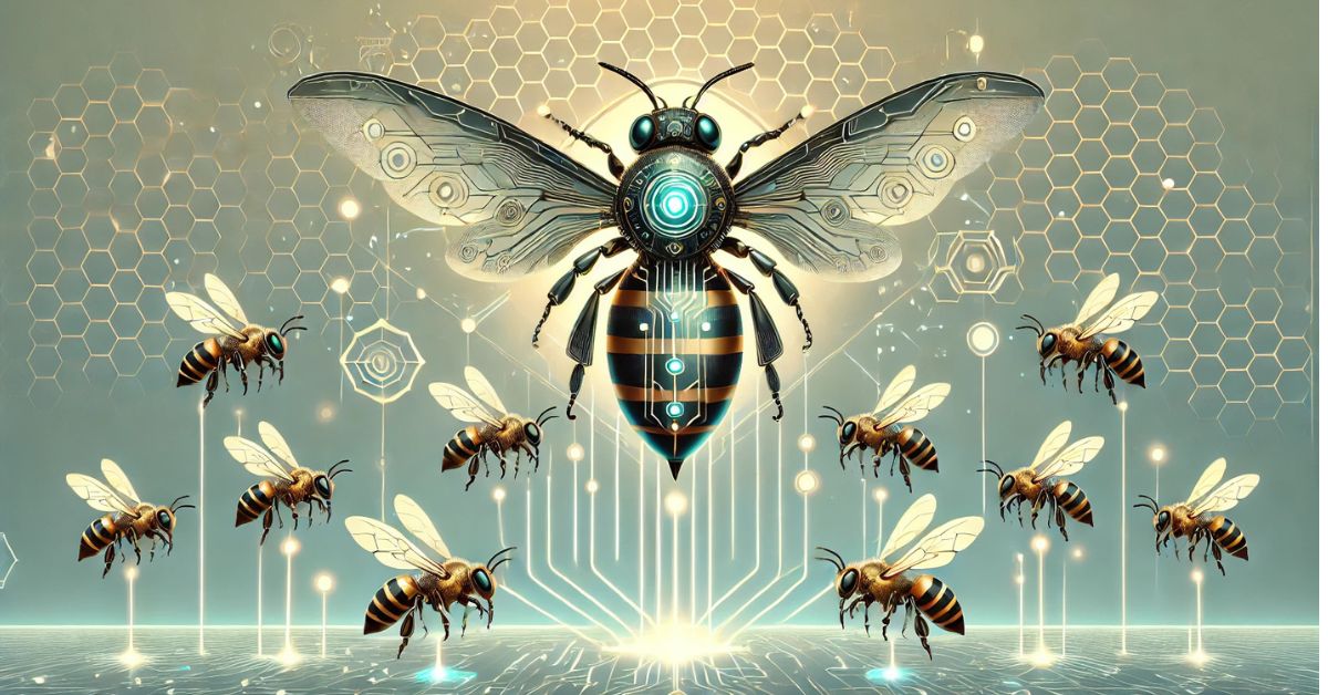 Cybernetic queen bee surrounded by worker bees—the social consensus mechanism of the hive at work—What is cognitive hive ai—chai