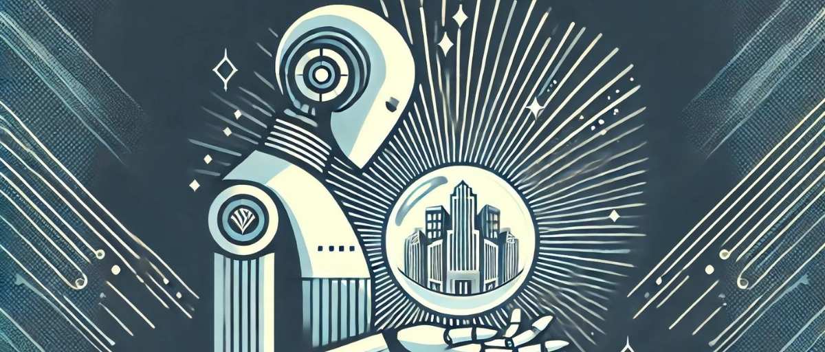 Art deco aesthetic, minimalist image showing the upper torso and head of a robot making a prediction using a glowing crystal ball. The crystal ball has stylized buildings inside, representing industries like finance, healthcare, and construction. Light rays or abstract energy waves emanate from the crystal ball, symbolizing the predictive power of the robot. The robot is futuristic with clean geometric lines, emphasizing symmetry and clarity, without any text or symbols—By Talbot West