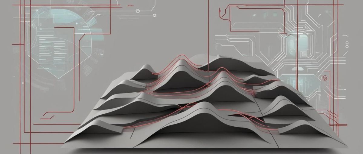 The image features layered, mountainous shapes connected by red lines, symbolizing the complex and multidimensional nature of "gray zone warfare." The layered terrain represents the strategic and tactical layers involved in such warfare, where boundaries are blurred, and conflict operates in a space between war and peace. The red lines running through the layers suggest the unseen connections, influence, and control tactics often employed in this type of warfare, while the circuit-like designs in the background evoke the digital and cyber aspects integral to modern conflict strategies.