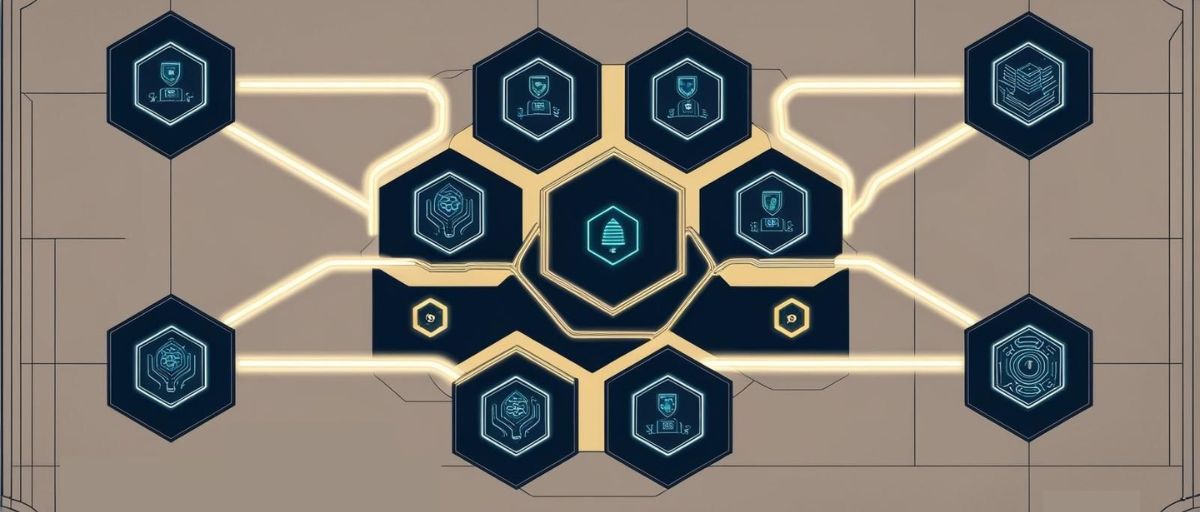 Interconnected hexagonal nodes, each containing icons representing various functions, illustrating how Cognitive Hive AI (CHAI) aligns with Modular Open System Architecture (MOSA) principles. The central hexagon, with a hive symbol, suggests a core AI system, while the surrounding hexagons represent modular components like security, data processing, and communication, all linked by illuminated lines. This networked layout emphasizes interoperability and flexibility, highlighting how each module can operate independently yet seamlessly integrate into a unified system for enhanced operational capability.