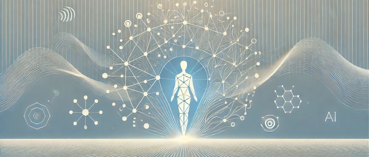 Minimalist art deco scene showing a human figure and an abstract, geometric AI entity collaborating on a large, glowing web of interconnected nodes.