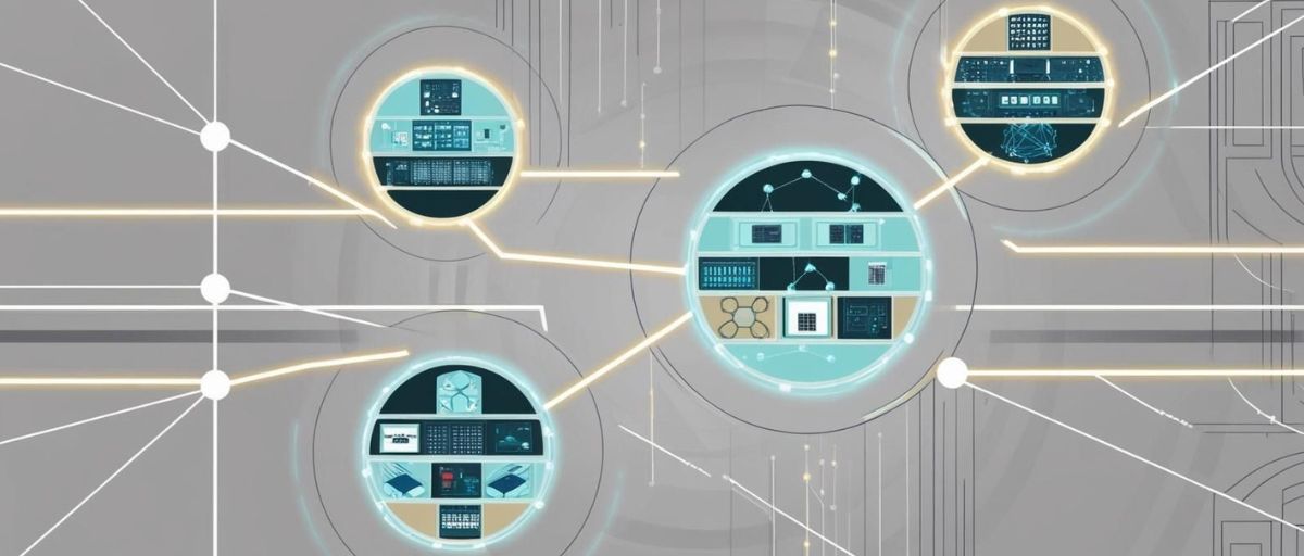 The image illustrates interconnected nodes, each containing detailed control panels, symbolizing different modular components within a system architecture. The circular nodes, linked by bright lines, represent the communication pathways in a modular open system architecture (MOSA), emphasizing interoperability and data flow between systems. The networked design visually reinforces the collaborative and integrated nature of MOSA, showcasing how diverse modules interact seamlessly within a unified framework.