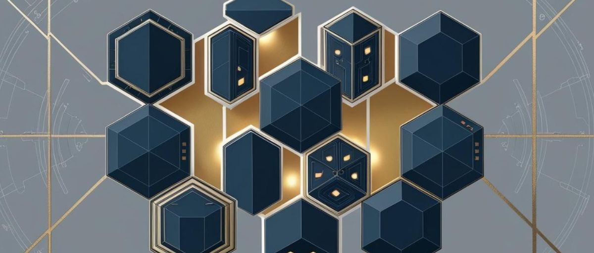 Art deco-inspired image uses hexagonal modules in dark blue and gold tones to symbolize the interconnected and modular nature of defense systems architecture. The symmetrical alignment and minimalistic highlights suggest the organized, adaptable, and high-tech qualities of a modular open system architecture (MOSA) for defense applications.