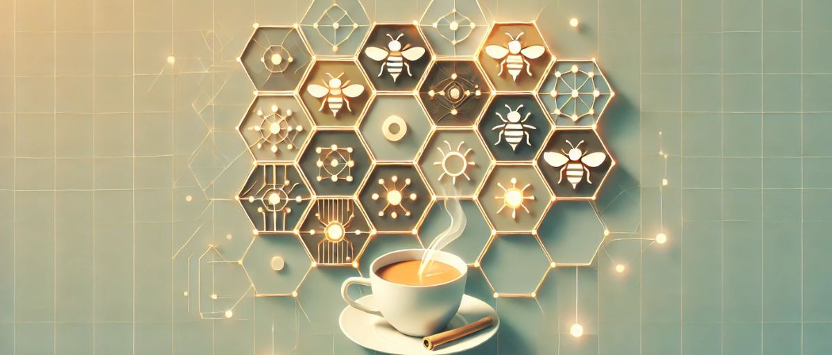 An art deco-inspired grid of hexagonal cells forms a beehive pattern, with some cells containing teacups filled with steaming chai tea. Other cells glow, containing stylized bees or AI circuits, representing the modularity of CHAI. The composition blends the warmth and organic flow of chai with the precise structure of a hive, symbolizing the balance of natural intelligence and AI systems. The background is a minimal geometric gradient, enhancing the futuristic tone.