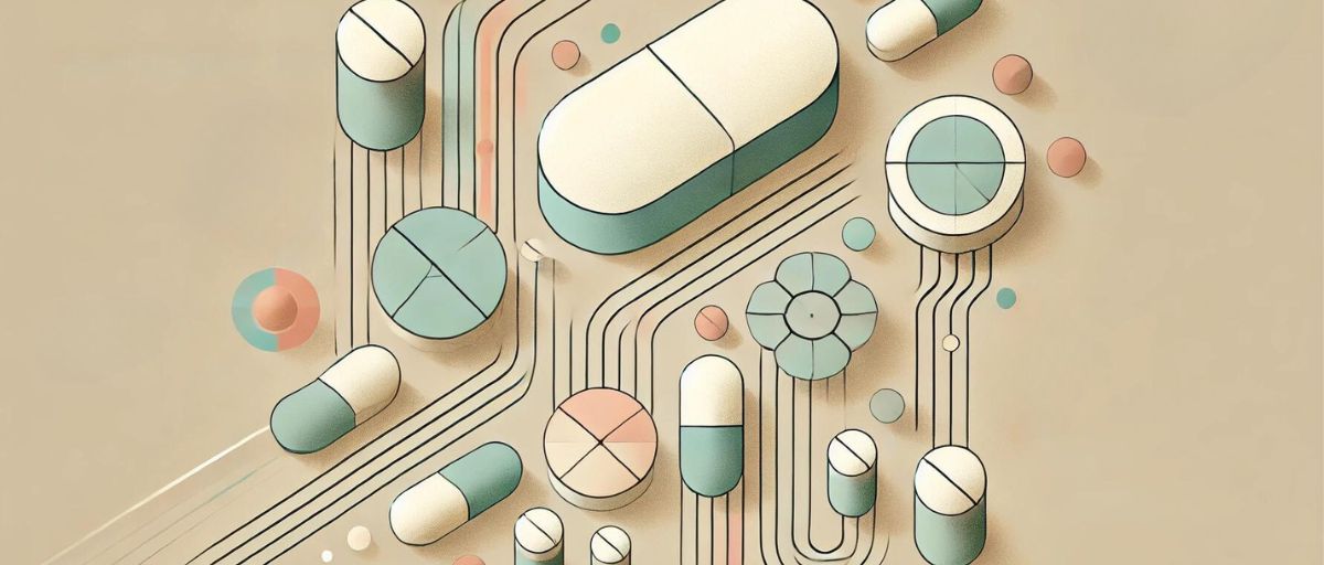 A minimalist art deco image showing glowing interwoven data streams flowing through large, stylized pill shapes representing the pharmaceutical industry. The streams symbolize AI retrieval systems. The background consists of soft geometric shapes suggesting complexity in an art deco aesthetic--- RAG implementation challenges in pharma by Talbot West