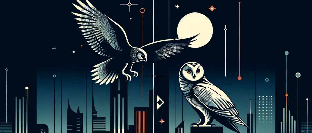 Art Deco-inspired image features two owls—one perched and one in flight—against a sleek, geometric city skyline. The muted color palette of blues and blacks, along with sharp, angular lines, creates a sense of elegance and modernity. The design's symmetry and abstraction capture the futuristic, streamlined aesthetic characteristic of the Art Deco style.