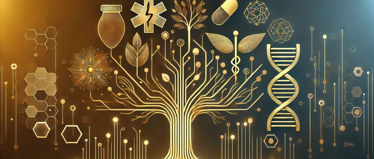 A golden tree with branches extending into various symbols of healthcare and medicine, such as DNA strands, pills, leaves, and medical icons. The tree represents the interconnected nature of healthcare knowledge, while the symbols illustrate different areas of medical science and wellness. The glowing, circuit-like lines branching out from the tree suggest the flow of data and the integration of technology, symbolizing retrieval-augmented generation in healthcare. This visual emphasizes the synthesis of vast information networks to support advancements and personalized medical solutions.