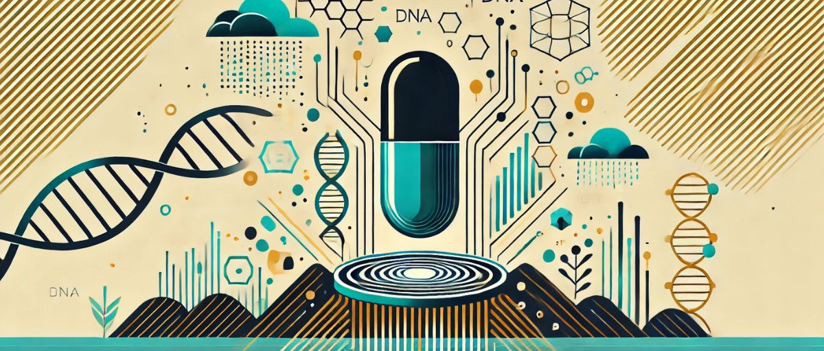 Art Deco-style landscape image of a sleek, abstract pill with data streams flowing into it. Around the pill, simplified DNA strands and molecular components.