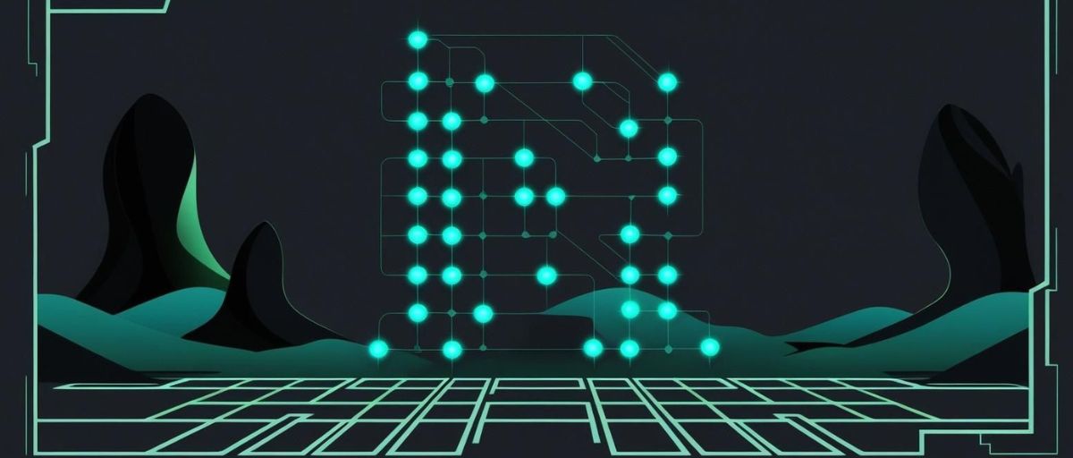 The image shows a grid of connected glowing nodes forming a structure, symbolizing the application of AI technology in addressing gray zone warfare. The interconnected nodes represent data points or decision-making processes, suggesting the analytical and networked approach AI brings to complex conflict scenarios. The dark background with abstract shapes evokes a sense of a digital or cyber environment, while the glowing lines and nodes highlight AI's role in navigating the intricate, often hidden dimensions of gray zone warfare.