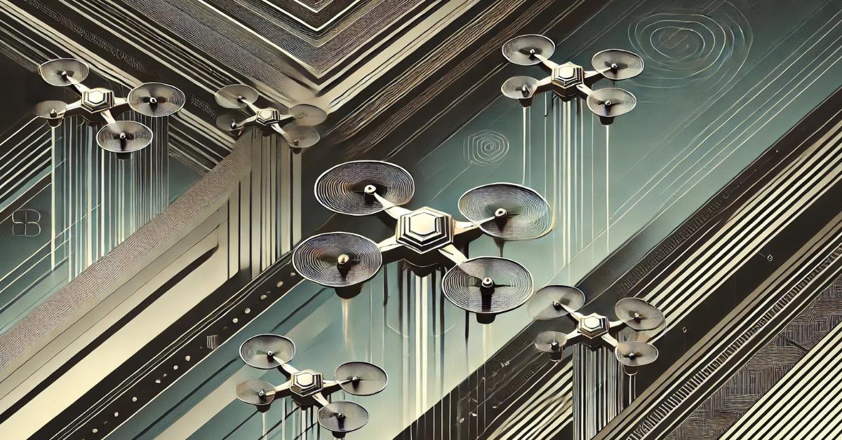 Art deco aesthetic, minimalist image of futuristic defense drones flying in synchronized formation, representing the future of Cognitive Hive AI in defense. The drones are coordinated by hive intelligence, with abstract lines in the background symbolizing radar waves or defense grids. Clean geometric shapes, metallic textures, and a focus on precision and coordination.