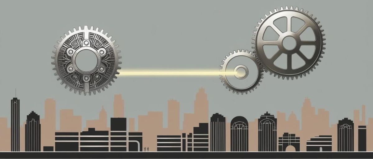 Interlocking gears of various sizes connected by a glowing line above an urban skyline, symbolizing AI change management. The gears represent different components or stakeholders within an organization, each playing a role in the AI integration process. The glowing line signifies the connection and synchronization needed to make these parts work together smoothly. The cityscape backdrop emphasizes the large-scale impact of change management in modern urban and corporate environments, highlighting the coordinated effort required to implement AI effectively across complex organizational structures.