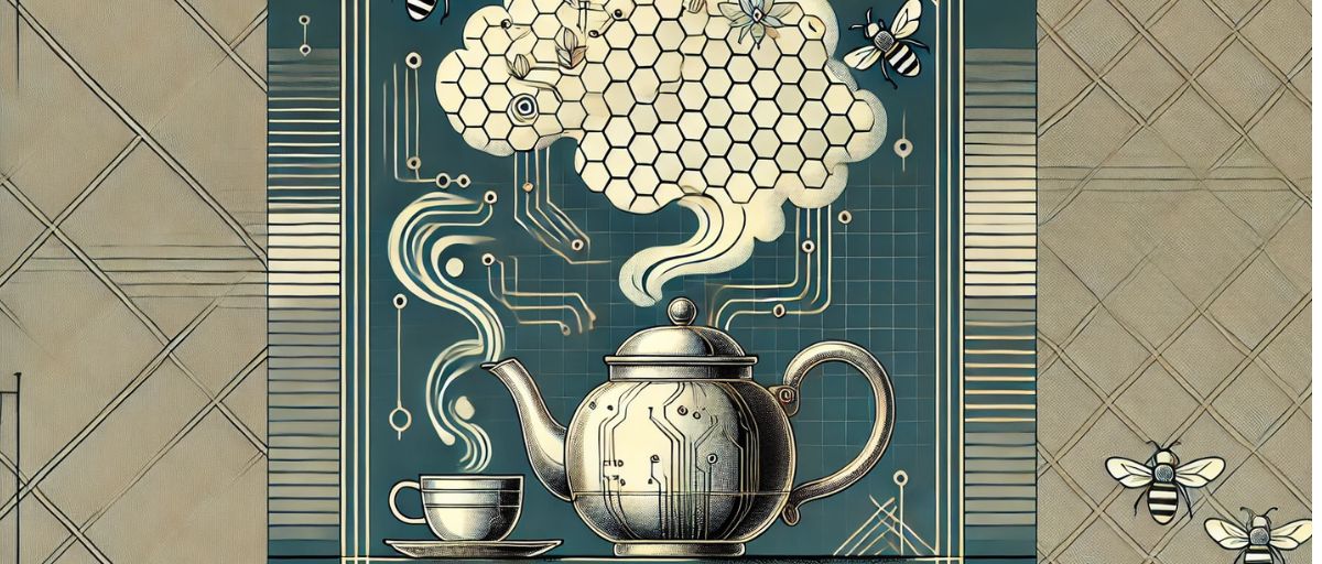 A minimalist art deco aesthetic featuring a chai teapot, with steam in the form of electronic circuitry pouring out. The steam forms into an ethereal