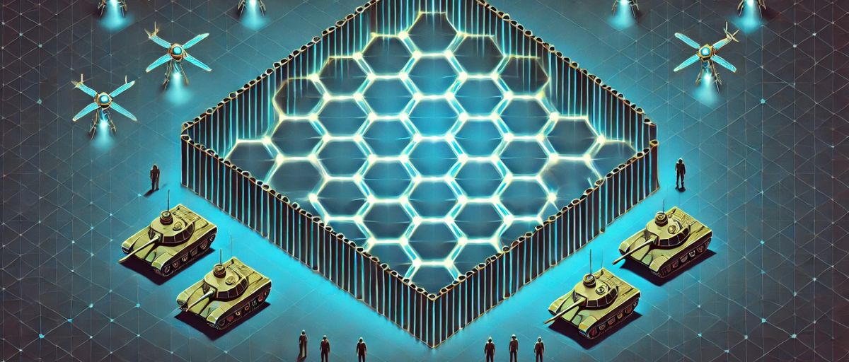 Art deco, minimalist image of a military base protected by a honeycomb-shaped shield, symbolizing CHAI’s hive-like defense system.