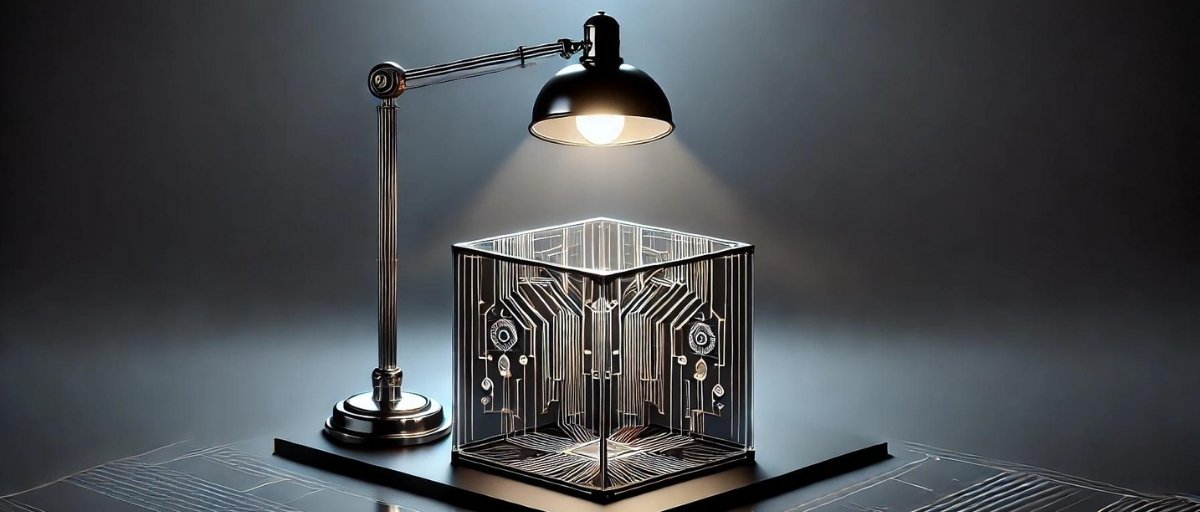 Art deco aesthetic, minimalist image of a desk lamp shining light onto a transparent black box. Inside the box, intricate circuitry is visible, illuminated by the soft glow of the lamp. The design emphasizes geometric shapes, clean lines, and symmetry typical of art deco style, symbolizing transparency and revealing inner workings. Futuristic and clean, without any text or symbols—By Talbot West