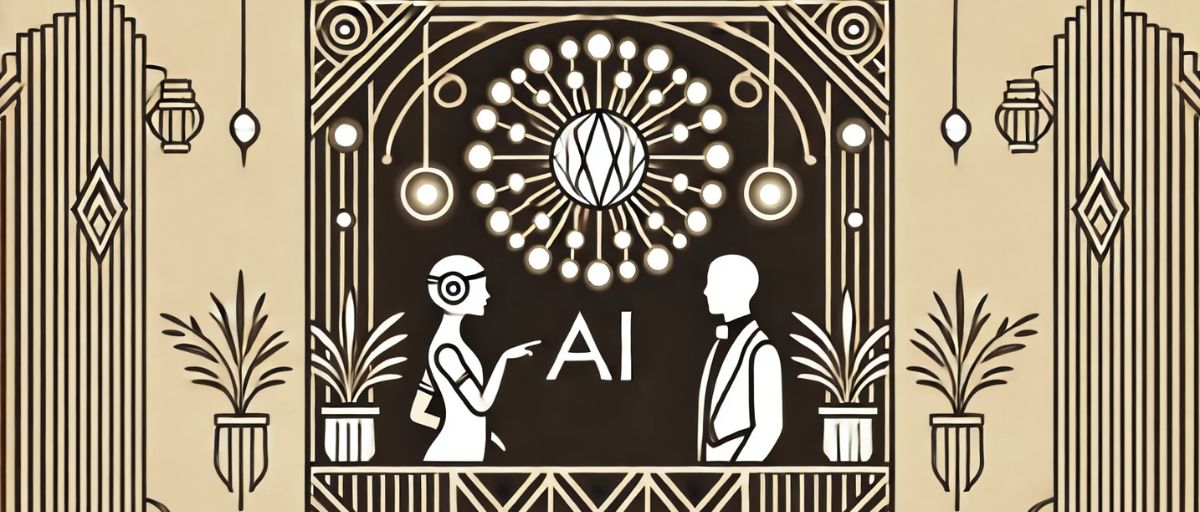 A minimalist art deco scene with glowing orbs symbolizing AI interacting with simple, stylized human figures. The design emphasizes elegant geometric shapes, bold lines, and a classic vintage art deco style, without futuristic elements. No text or overly modern details, just a refined, classic art deco look.