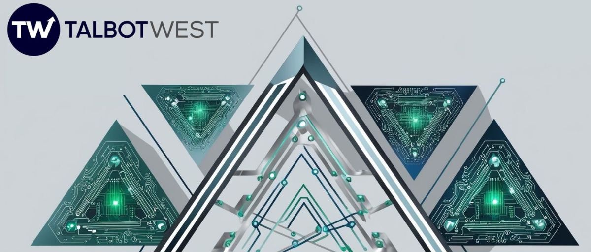 Interlocking art deco triangles with embedded digital circuitry patterns and connecting data lines, minimalist design, cyber gobernance theme, no text.