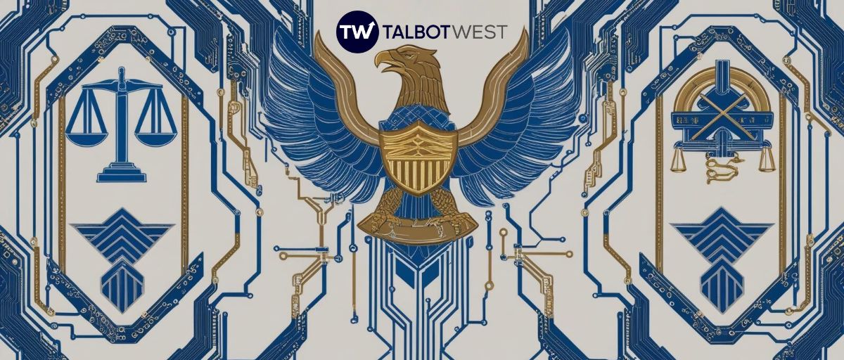 Government eagle motif with data connections AI for government efficiency Talbot West