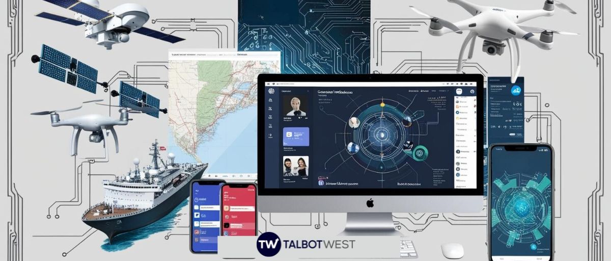 open source intelligence with cognitive hive AI for expanded insights. A collage consisting of a satellite, a drone, a ship, a map, social media profiles, a smartphone, and a single large computer screen that features geospatial intelligence. Art deco aesthetic. No text. Data streams and circuitry connecting everything and making up the background.