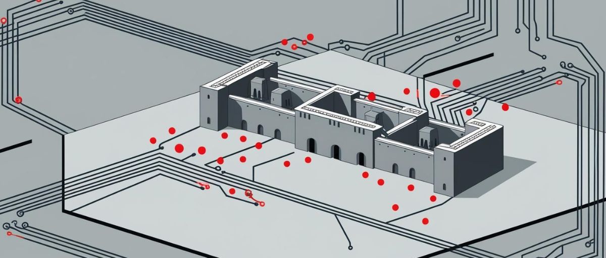 Art deco aesthetic, minimalist, a gray fortress surrounded by invasive circuitry lines with red dots at attack points, symbolizing digital threats against military resilience. Military overtones. Landscape orientation.