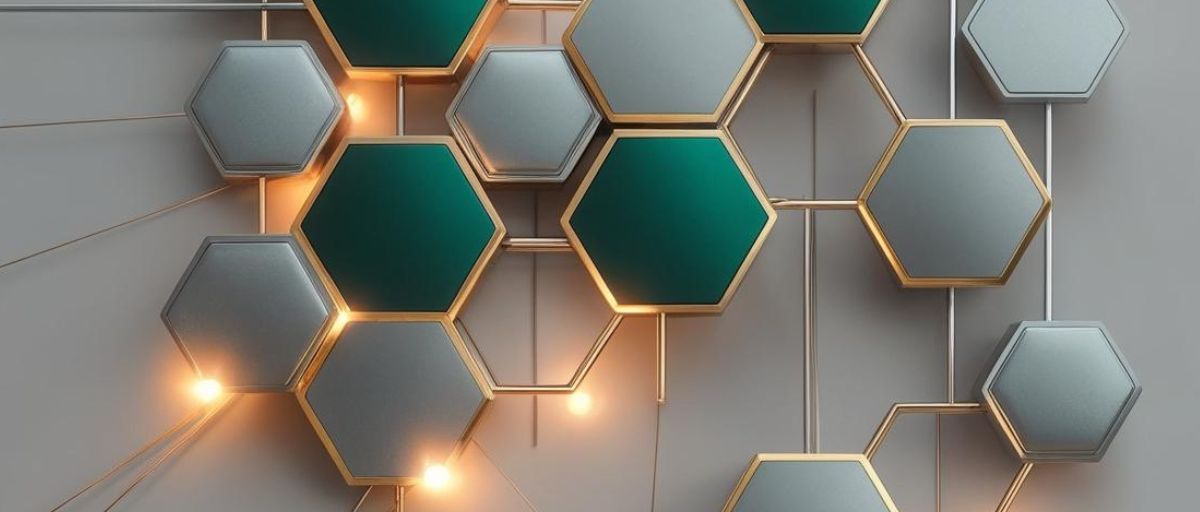 Art deco aesthetic, minimalist image of a futuristic hexagonal honeycomb pattern with interconnected metallic hexagons, symbolizing individual AI agents and collective hive intelligence. Warm glowing highlight