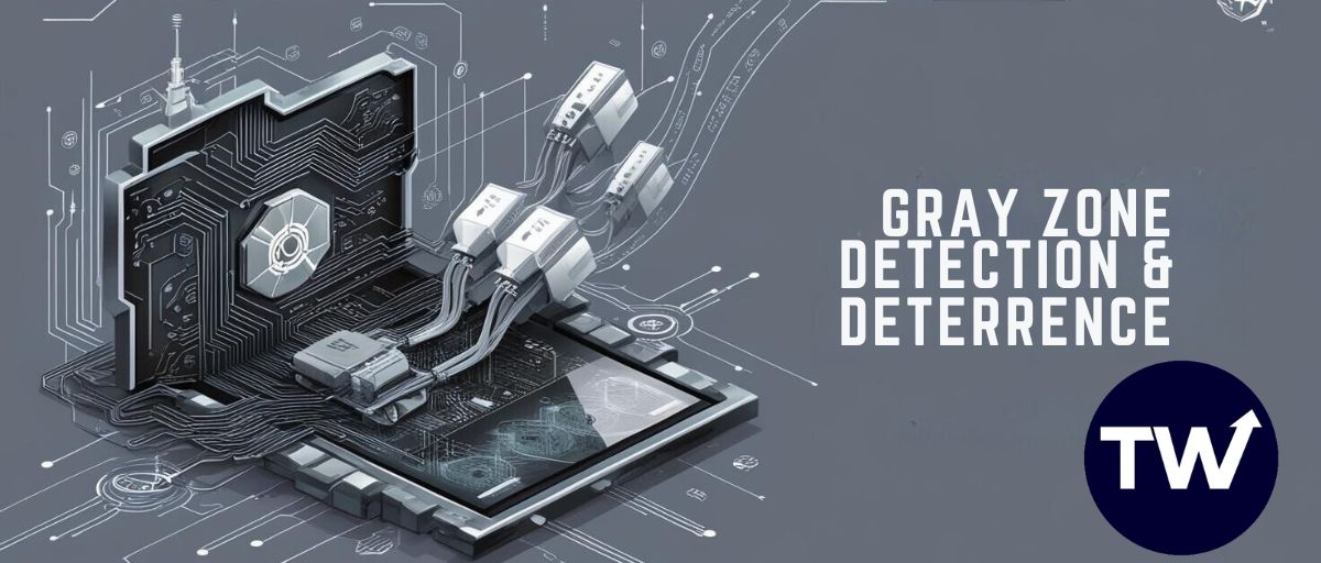 Gray zone warfare and detection and deterrence, a military motif with gray overtones and lots of circuitry and data streams. Think surveillance, detection, deterrence, aggression.