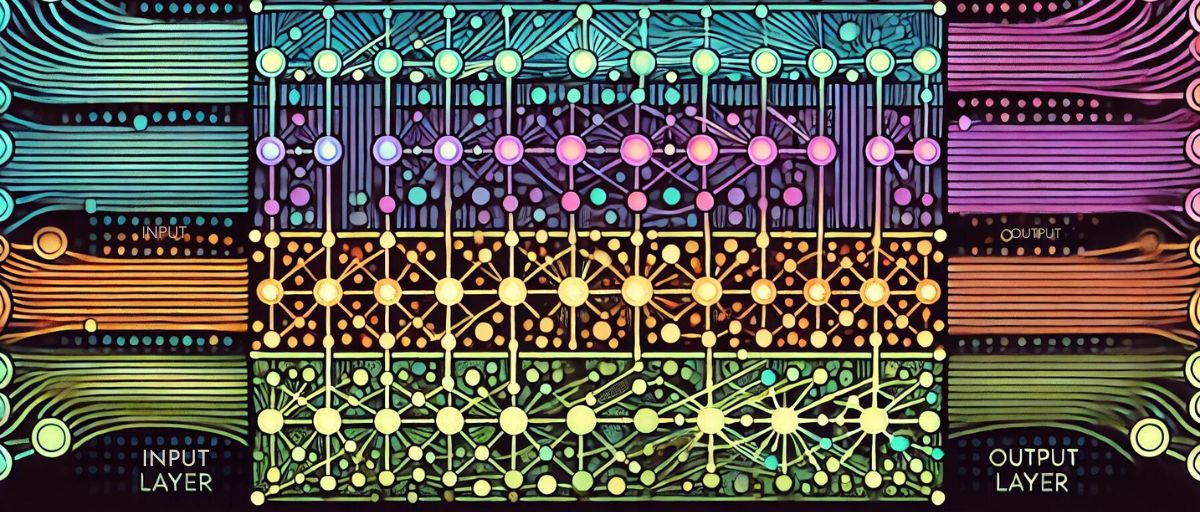 An art deco-style illustration of a deep neural network depicted as a layered matrix of interconnected nodes and lines. Each layer is shown as a grid or lattice with nodes (small glowing circles or geometric shapes) connected by lines representing neural connections. Nodes glow in a gradient from cool blues and greens in the input layer to purples, oranges, and bright reds and yellows in the output layer. The connecting lines vary in thickness and brightness to indicate the strength of connections and data flow. Arrows along the lines show the direction of data movement, emphasizing the process of transformation and learning. The design should balance intricate detail with an art deco aesthetic, focusing on depth, clarity, and network complexity.