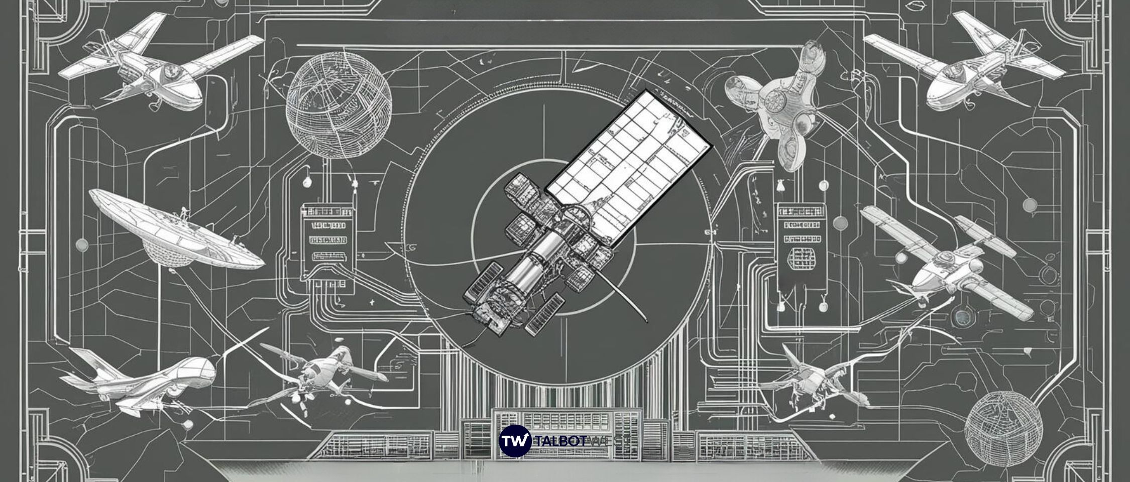 Create an image that encapsulates the idea of detection of adversarial gray zone campaigns. Include a satellite, a few drones, some communications infrastructure. Art deco aesthetic done in grayscale. Lots of circuitry and data streams connecting elements. Evoke persistent surveillance, competition, bring in a bit of a Cold War vibe. Electronic circuitry and data streams connecting everything.