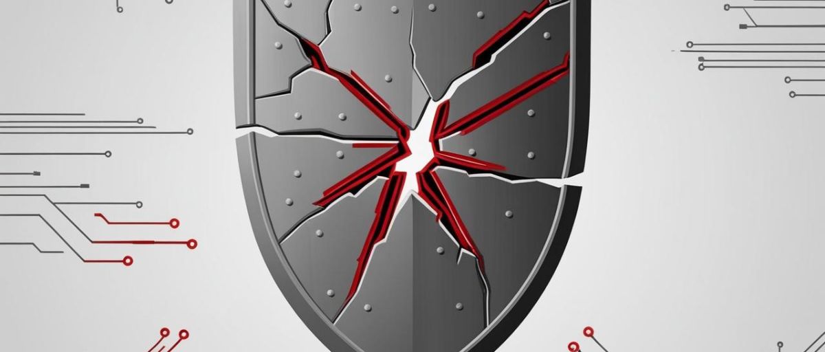 Art deco aesthetic, minimalist, a fractured military shield in shades of gray with circuitry lines running through cracks, symbolizing cyber infiltration and vulnerability. Military overtones, subtle rivet details, red highlights on some lines for alert. Lots of data streams symbolizing the digital landscape of most gray zone warfare.