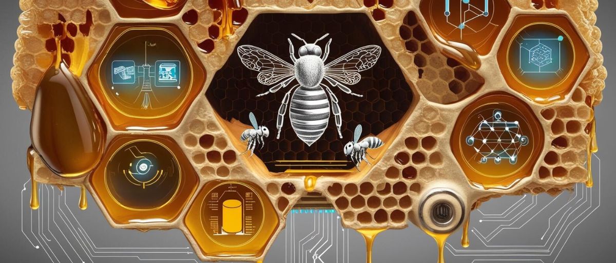 A detailed, art deco-inspired close-up of a honeybee hive, each honeycomb cell dripping honey that is like data streaming. Inside some cells, a different AI capability icon (such as a lens for computer vision, satellite for geospatial analysis, and a graph node for pattern recognition), with a central cybernetic queen bee representing the orchestrating AI system. Cybernetic worker bees move between cells, symbolizing collaboration and data flow. Futuristic color palette, biomimicry, and minimalism in Talbot West aesthetic. Cyber-circuitry connects everything