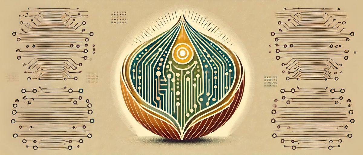 A minimalist art deco image of a peeled onion with layers progressively transforming from natural to digital. The outer layers are realistic, while the inner layers glow with circuitry and abstract data patterns. At the center is a glowing digital core, representing the processing in a neural network. Simple shapes and colors blending organic and technological motifs.