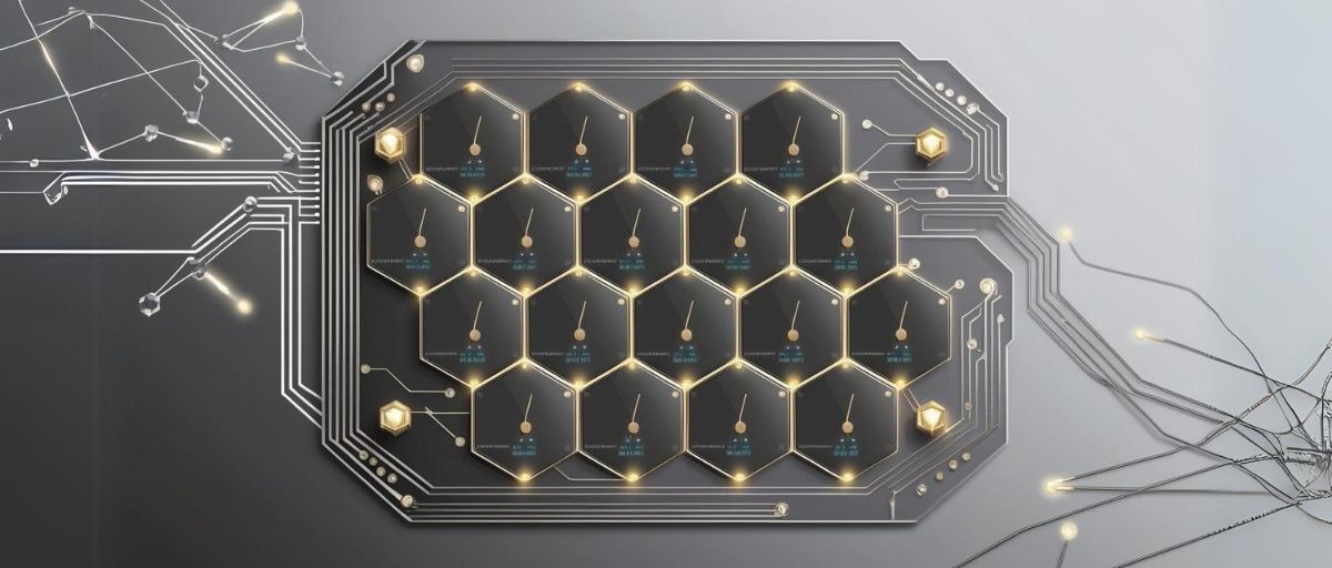 Art deco aesthetic, minimalist honeycomb circuit board with hexagonal nodes, each node representing hyperparameters as dials or gauges, symbolizing coordinated AI modules in a cognitive hive. Abstract network connections in the background, metallic and glowing accents, landscape orientation.