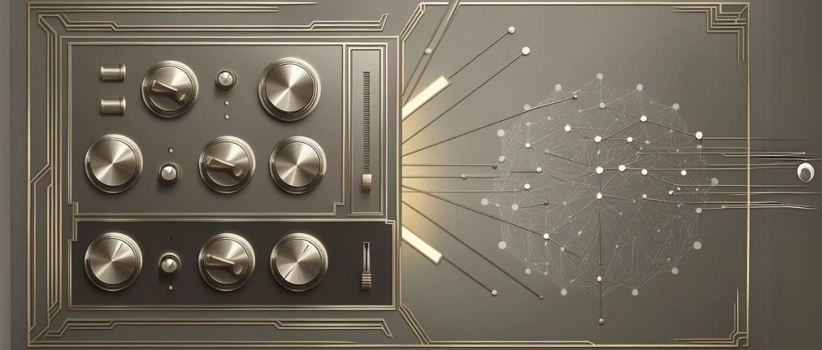 Art deco aesthetic, minimalist control panel with dials, knobs, and sliders, connected by stylized lines to a faint neural network in the background, symbolizing hyperparameters in neural networks. Metallic textures with glowing accents, abstract and futuristic, landscape orientation.