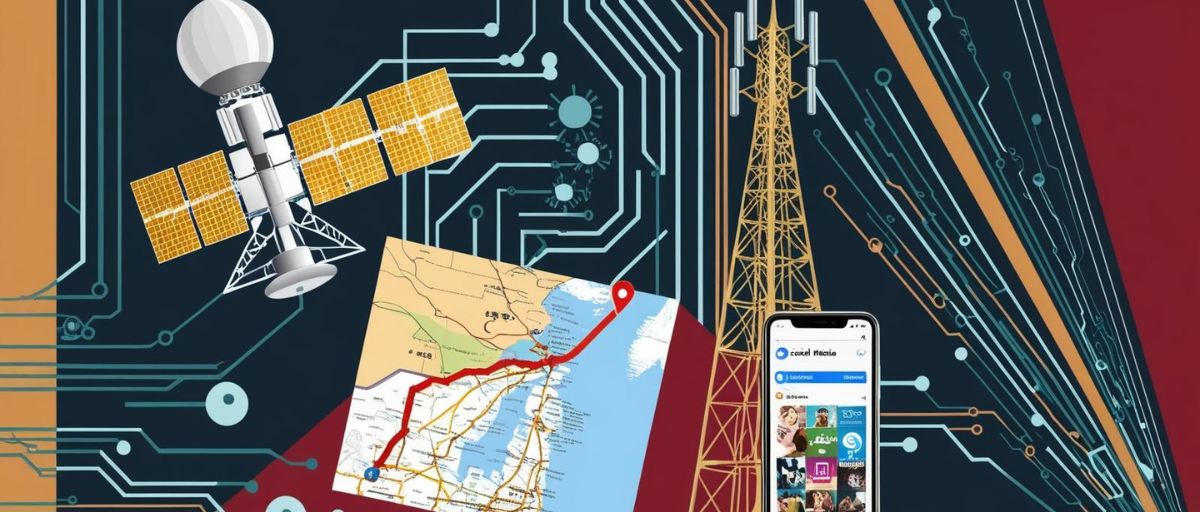 open source intelligence with cognitive hive AI for expanded insights. A collage consisting of a satellite, a map with a route mapped out on it, a cell phone tower, a single smartphone with a social media scroll on the screen. Art deco aesthetic. No text. Data streams and circuitry connecting everything and making up the background.