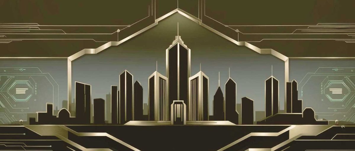 Minimalist art deco city skyline with hexagonal barrier symbolizing layered national security, dark color scheme with silver and blue accents, futuristic defense theme, no text.