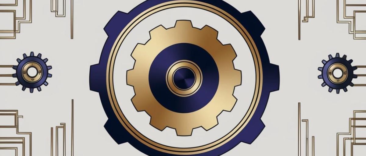 Art deco aesthetic, minimalist design with interlocking gears representing various enterprise functions. Central, larger gears represent collective AI (CHAI), orchestrating smaller, surrounding gears (agentic