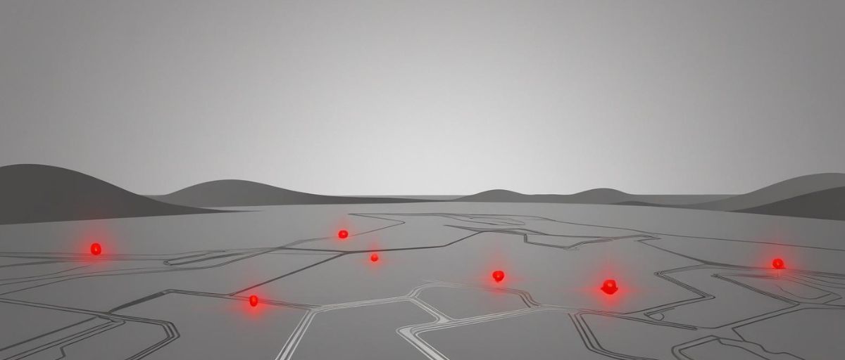 Art deco aesthetic, minimalist, a gray network interlocking geometric shapes with circuitry patterns representing military, government, and civilian sectors connected in gray zone warfare. Subtle red glows on certain nodes for heightened alert. Landscape orientation.