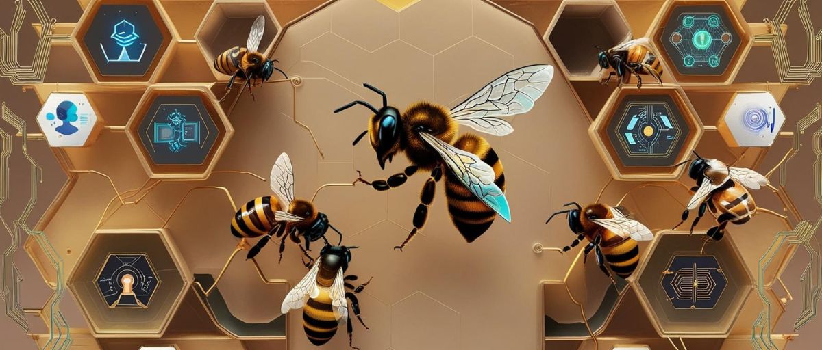 A detailed, art deco-inspired close-up of a honeybee hive, each honeycomb cell containing a different AI capability icon (such as a lens for computer vision, satellite for geospatial analysis, and a graph node for pattern recognition), with a central cybernetic queen bee representing the orchestrating AI system. Cybernetic worker bees move between cells, symbolizing collaboration and data flow. Futuristic color palette, biomimicry, and minimalism in Talbot West aesthetic. Cyber-circuitry connects everything