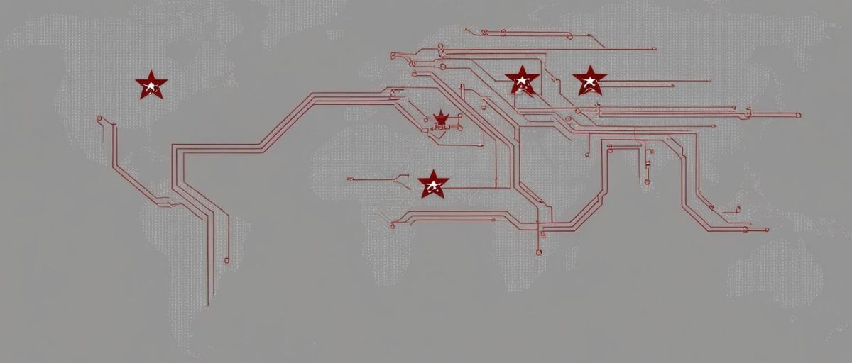 Art deco aesthetic, minimalist, a gray globe with circuitry lines overlapping attack vectors, specific locations highlighted in red. Subtle military symbols like stars and chevrons embedded in the circuitry, landscape orientation.