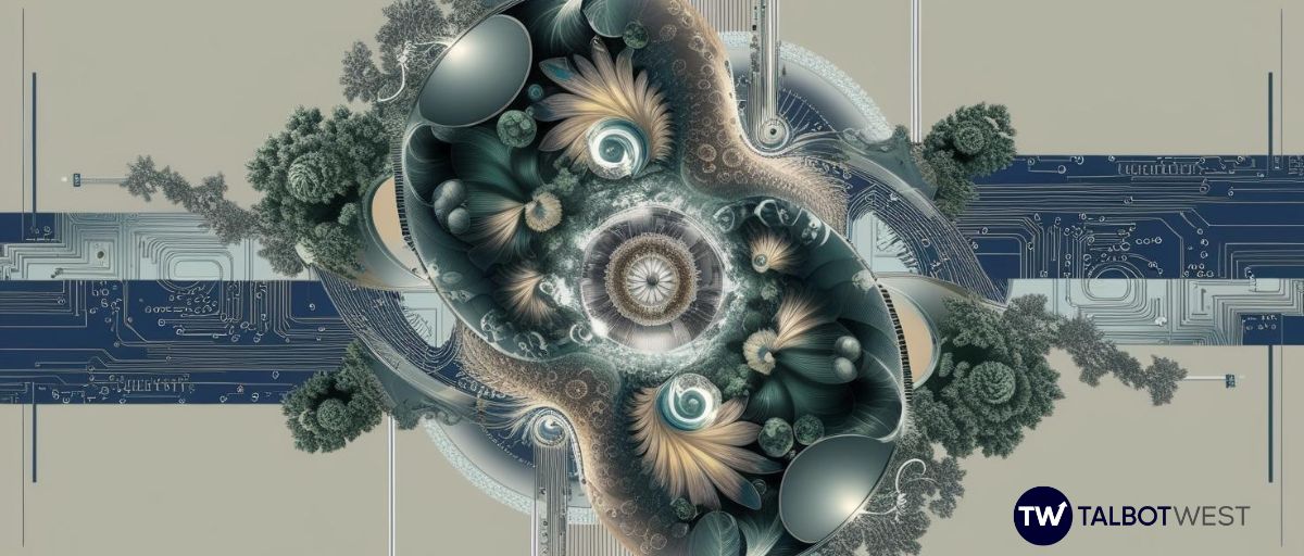 Fractals with cyber fusion, data streams and circuitry fusing the different fractals. Art deco style, muted colors, non-psychedelic. Really fuse nature and cyber elements.