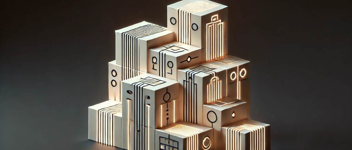 Minimalist art deco aesthetic of stacked, shrinking rectangular blocks glowing softly. Digital markings resembling abstract language symbols on each block. Design symbolizes the concept of scaled-down language models, with clean lines and a futuristic, tech-inspired look.