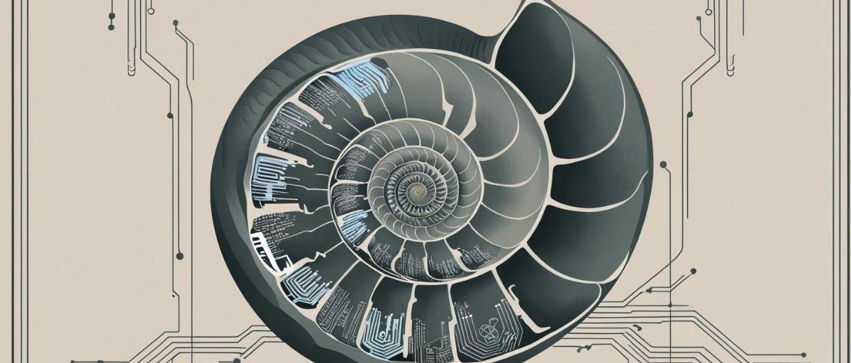 A close-up, minimalist art deco illustration of a nautilus shell with spiraling, nested chambers, each chamber representing a different AI module in a system of systems approach. Larger outer chambers symbolize high-level systems, while smaller inner chambers represent specialized capabilities. Fractals with cyber fusion, data streams and circuitry fusing the different fractals. Art deco style, muted colors, non-psychedelic. Really fuse nature and cyber elements.