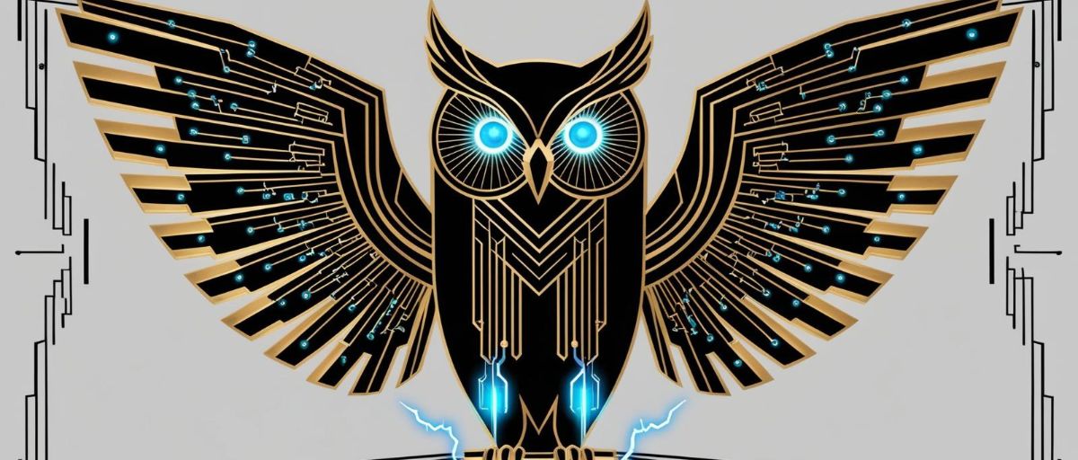 Symmetrical art deco owl with circuit-pattern wings and data streams forming tail feathers. Eyes glow with electric blue energy. Gold against black with blue data elements.