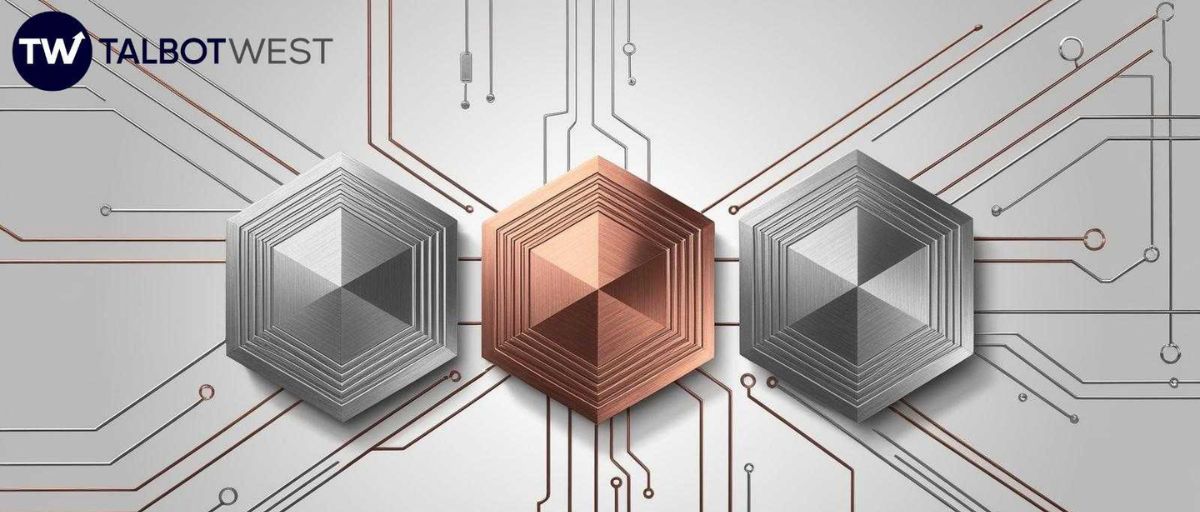 Art deco style technical diagram showing three interconnected hexagonal nodes with flowing lines between them. Nodes feature geometric stepped patterns and metallic finishes. Flow lines have clean art deco styling with angular patterns. Color scheme of brushed steel, copper, and platinum. Professional engineering aesthetic with art deco geometric embellishments. Clean negative space. No text or symbols. Straight-on perspective. Data lines and cybercircuits crisscrossing everything and making up the background. Art deco style. No text.