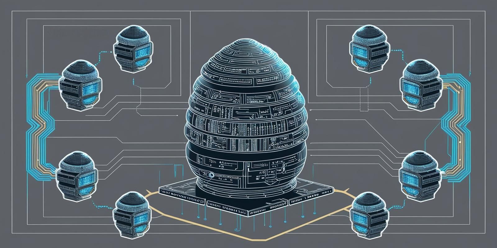 A modular approach to AI implementation. A cybernetic beehive with satellite beehives that are smaller. The central one is larger and controls the others. NO TEXT. Each beehive is covered in circuitry and code and data. Art deco aesthetic. Mostly grayscale with a small amount of blue and gold. No text. Data streams and circuitry connecting everything and making up the background.