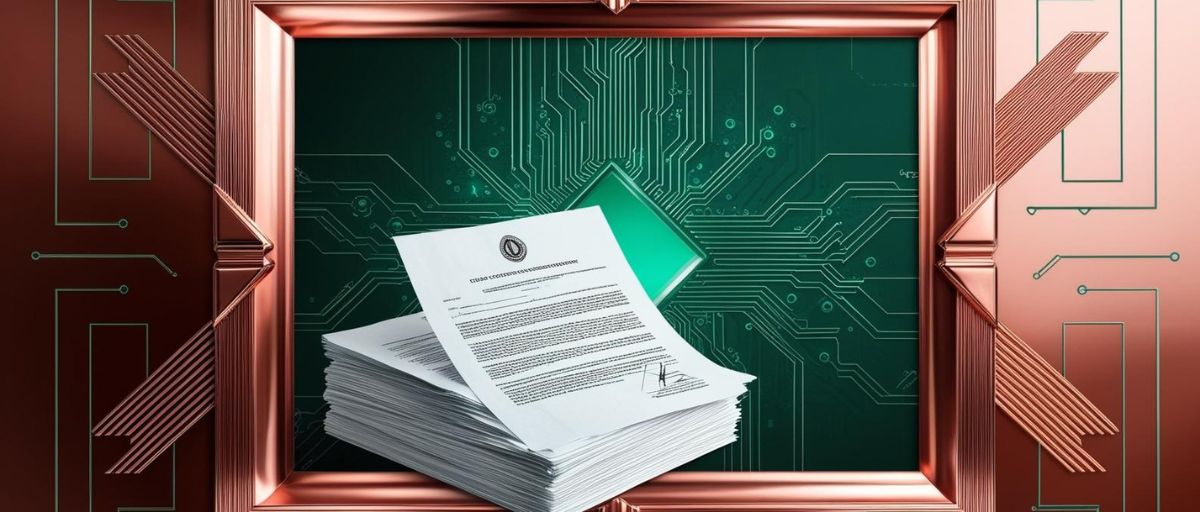 Art Deco frame surrounding legal documents merging into a circuit board, bold geometric shapes, metallic copper and emerald green colors, stepped forms and zigzag motifs. No text. Cyber circuitry and data streams connecting elements and making up the background.