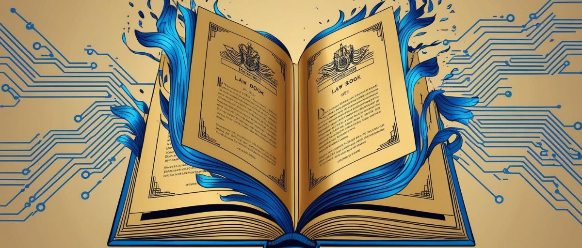 Art deco law book opening, its pages transforming into flowing data streams and circuit patterns as they turn. Solid gold book cover with traditional legal emblems dissolves into blue data flows.