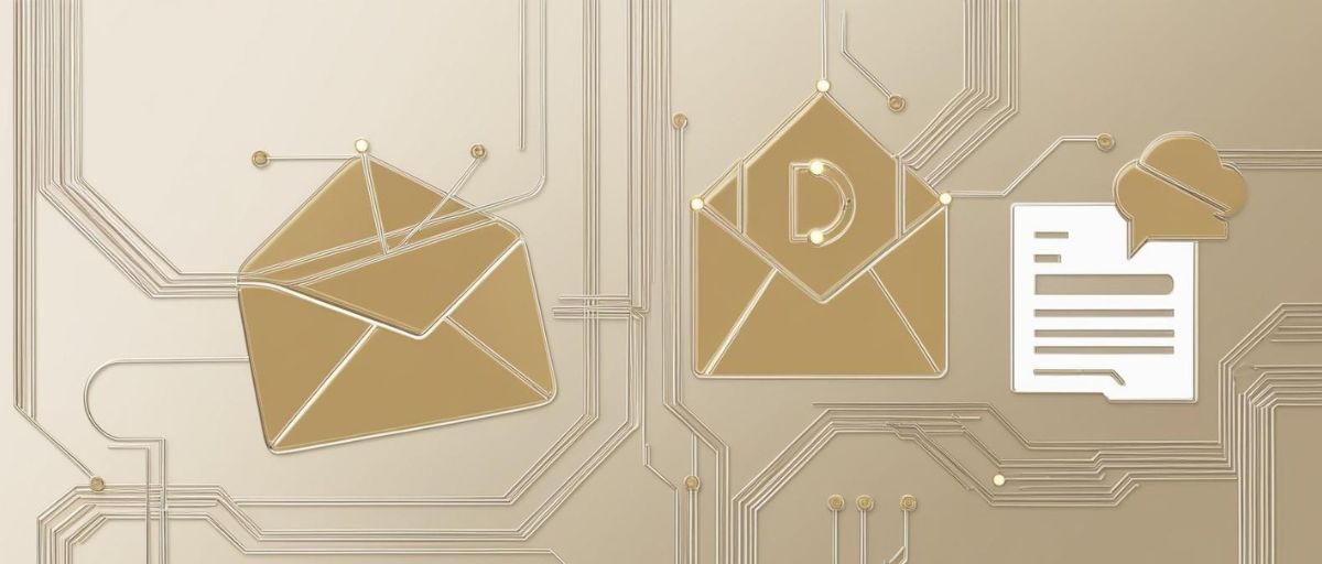 Art deco depiction of common workplace tools—an email envelope, a chat bubble, and a document icon—seamlessly connected by barely visible glowing cybercircuitry. The circuits appear as delicate, flowing threads, subtly highlighting the hidden AI power behind the tools. Soft gold and silver tones with minimalistic design.