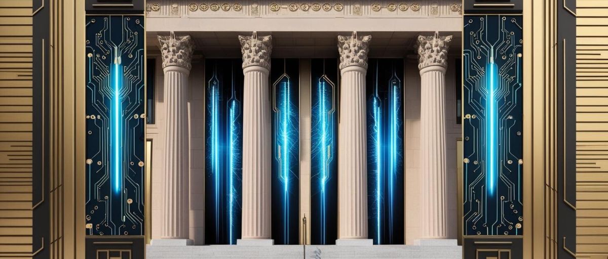 Art deco courthouse façade viewed head-on, with vertical data streams flowing between the columns like waterfalls. Circuit patterns form the decorative friezes. Gold and obsidian color scheme with electric blue data elements. Geometric stepped patterns frame the composition. No text.