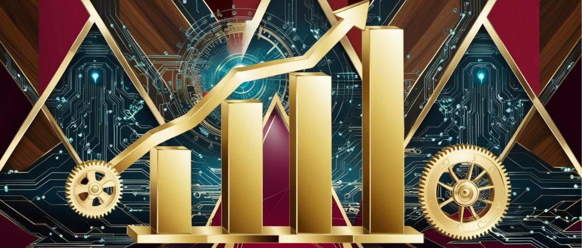 Stylized Art Deco profit graph rising sharply, made of gold bars and gears, against a backdrop of chevron patterns, rich jewel tones, sharp angles and curves. No text. Cyber circuitry and data streams connecting elements and making up the background.