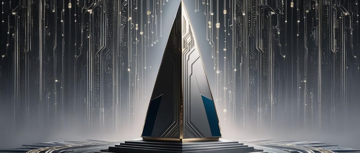 A monolith that represents an AI product, covered with circuitry and signals. Art deco aesthetic. Mostly grayscale with a small amount of blue and gold. No text. Data streams and circuitry connecting everything and making up the background.